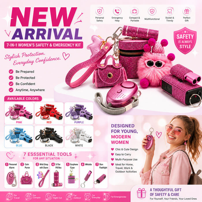 Wholesale Stainless Steel 7 In 1 Women Safety Alarm Kit Personal Self Defense Keychain Set