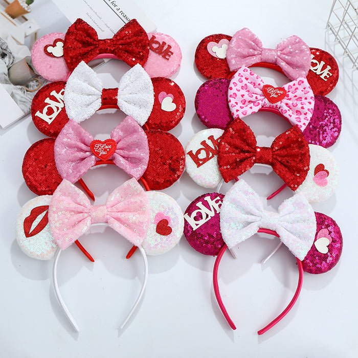 Wholesale Valentine's Day Sequin Bow Headband Cartoon Love Fabric Headband JDC-HD-MeiY009