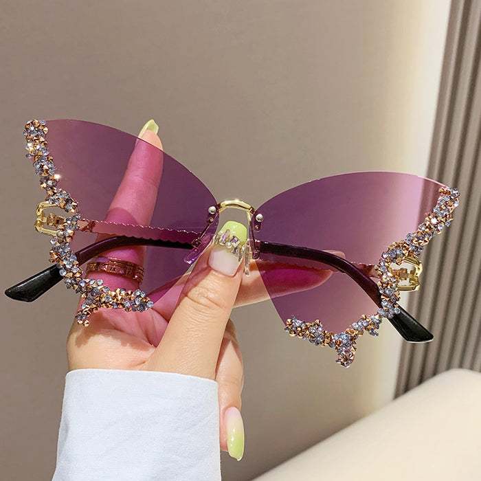 Wholesale New butterfly studded diamond rimless sunglasses with fashionable and exaggerated personality