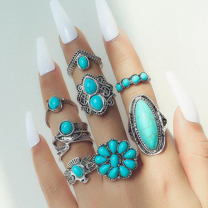 Wholesale Ethnic Style Retro Turquoise Carved Feather Ring Fashionable and Personalized 8-Piece Combination Ring Set