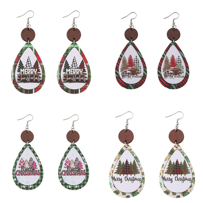 Wholesale Christmas Leopard Plaid Tree  Leather Wood  Earrings