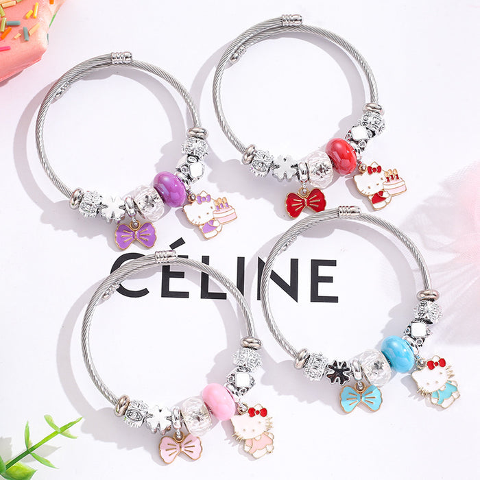 Wholesale Cartoon Stainless Steel Silver Bracelet Bow Pendant Beaded Charms Bracelet