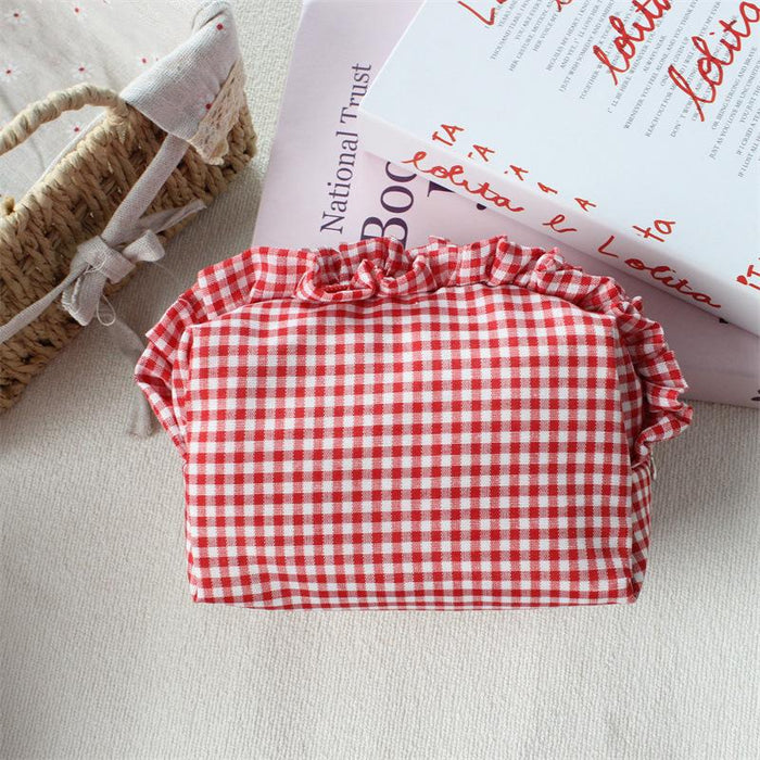 Wholesale Trendy Black Plaid Pleated Lace Pencil Case Large Capacity Student Stationery Pouch Boutique Gift