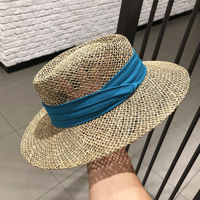 Wholesale Flat-Top Hat for Women Style British Fashion Travel Vacation Hollow Sun Hat