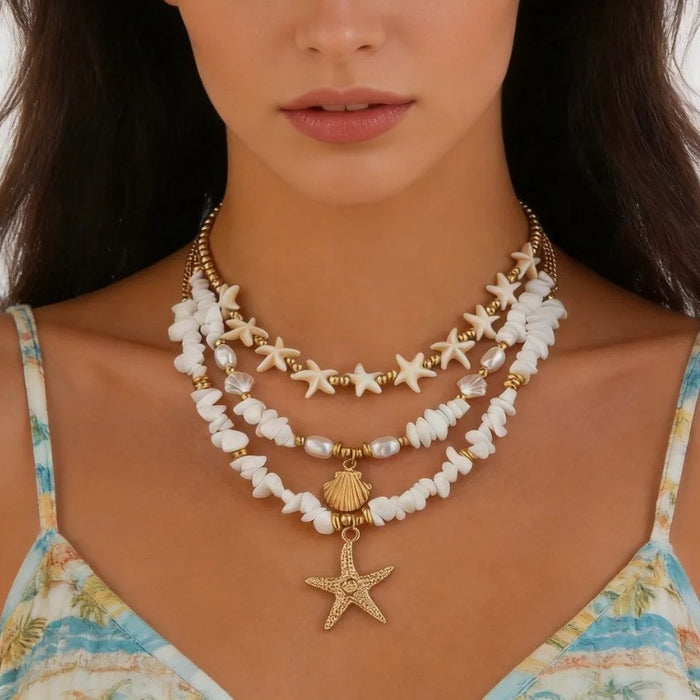 Wholesale Bohemian Starfish Shell Pendant Necklace Faux Pearl Ocean Series Beach Vacation Style