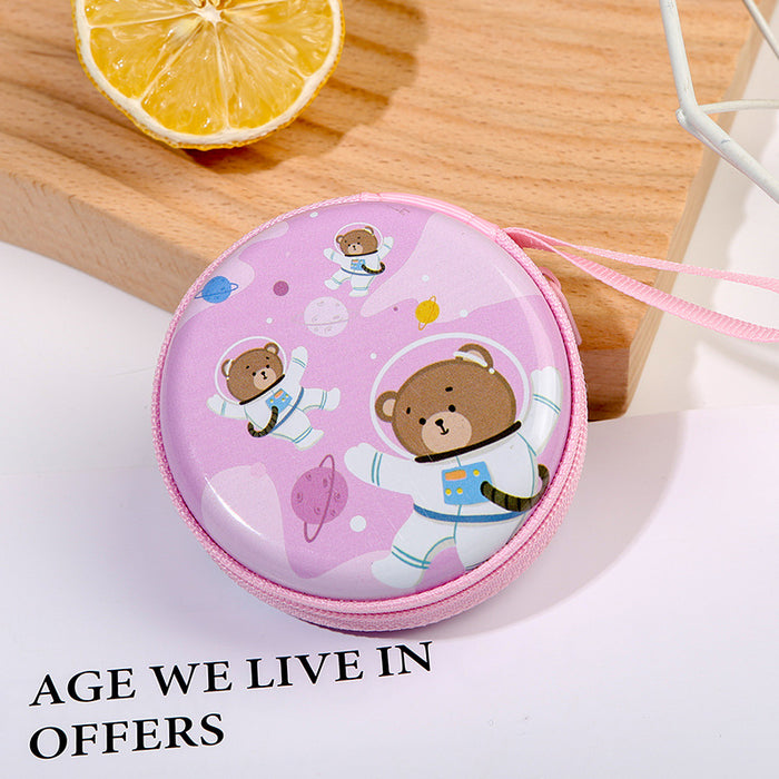 Wholesale Creative Round Tinplate Coin Purse Mini Cartoon Zipper Data Cable Storage Bag Headset Keychain Small Wallet