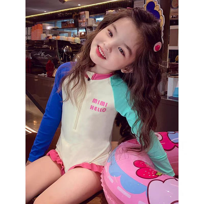 Wholesale Girls' Swimwear Children's Polyester Long Sleeve  Girl Hot Spring Dopamine Color-matching Swimsuit for Vacation