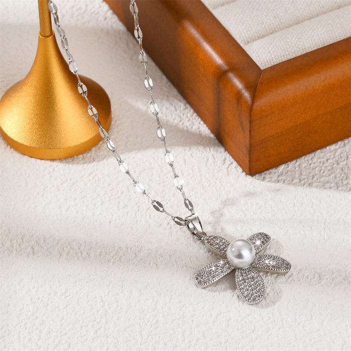 Wholesale Gas pearl micro inlaid zircon flower accessory titanium steel fashionable collarbone chain