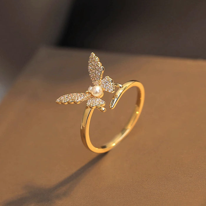 Wholesale Full diamond micro inlaid butterfly asymmetrical niche design, open index finger ring, light luxury versatile ring
