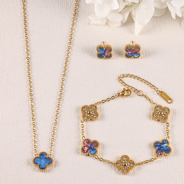 Wholesale Stainless Steel Four-Leaf Clover Three-Piece Gold-Plated Jewelry Set