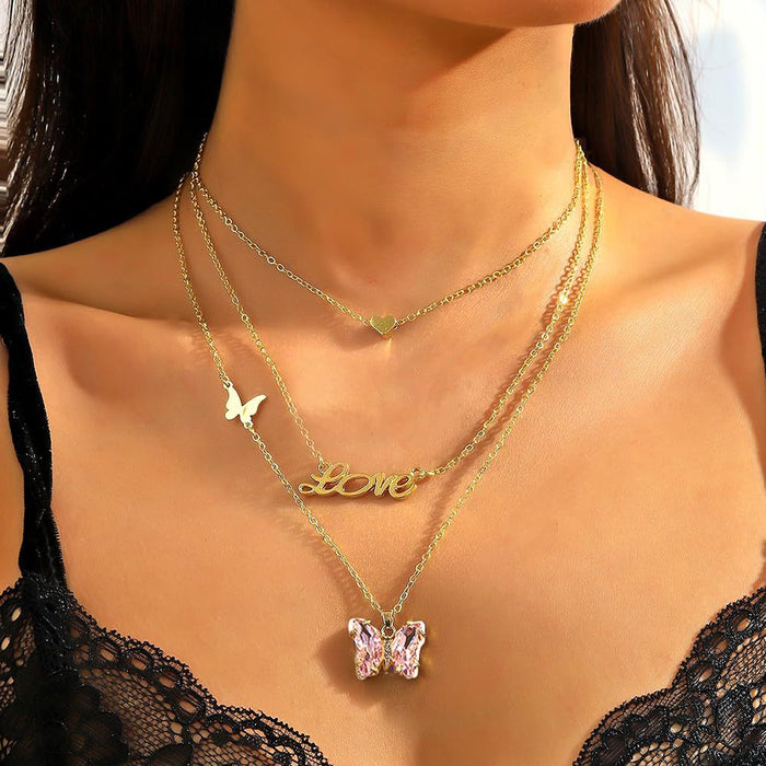 Wholesale Multi layer butterfly necklace with a light luxury and high-end feel, blue crystal butterfly pendant, collarbone chain