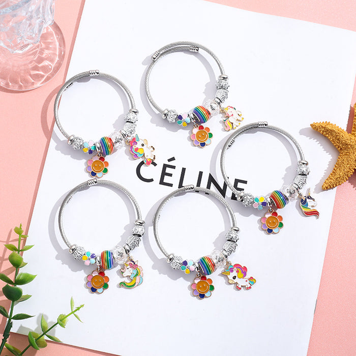 Wholesale Stainless Steel Unicorn Sunflower Pendant Opening Adjustable Beaded Bracelet