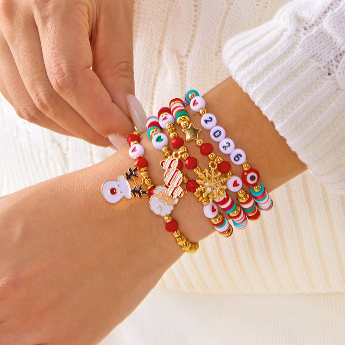 Wholesale Multi-layer stacking Christmas bracelet set personalized colorful polymer clay crystal elastic rope holiday bracelet