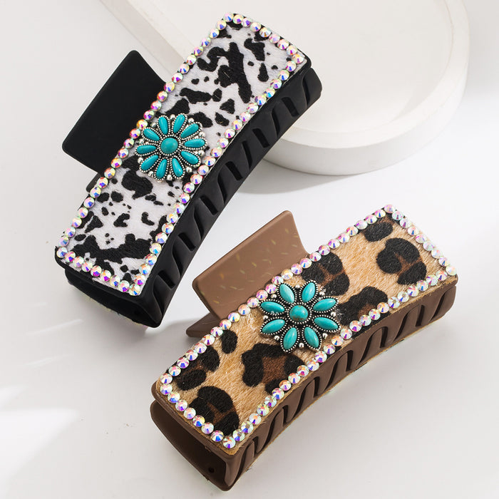 Wholesale retro leopard print leather clip western Denim wind encrusted turquoise hair clip