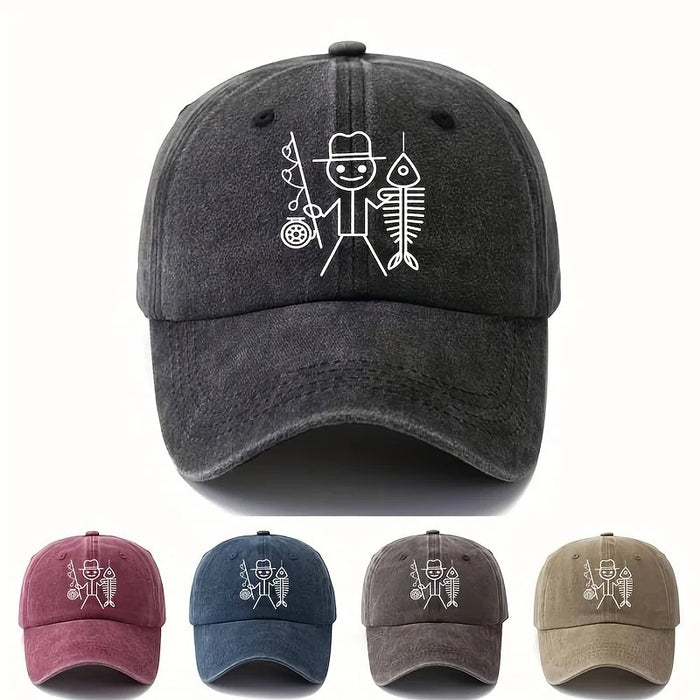 Wholesale Fun Fishing Stick Figure Fishbone Print Washed Baseball Cap Summer Sun Hat