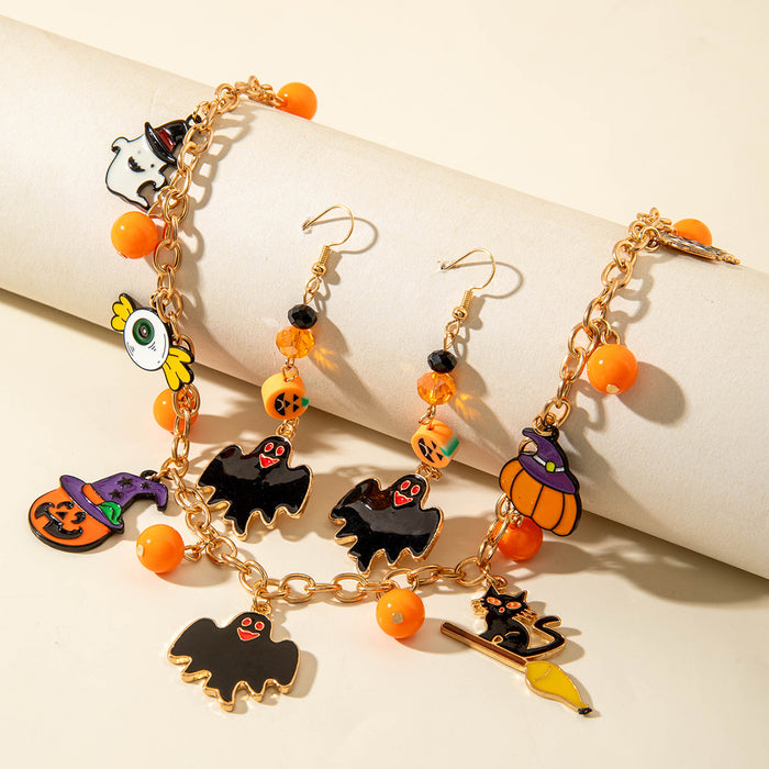 Wholesale Pumpkin Ghost Skull Pendant Necklace Earrings Set Jewelry Accessory MOQ≥2