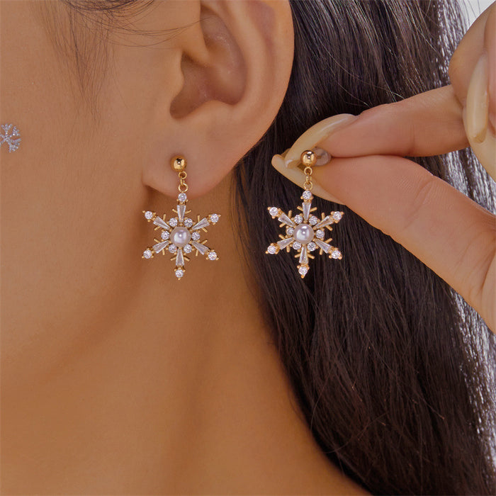 Wholesale Christmas inlaid zirconium snowflake tassel earrings imitation pearl earrings