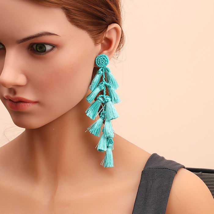 Wholesale Rice Bead Tassel Earrings Handmade Fashion Long JDC-ES-Gute054