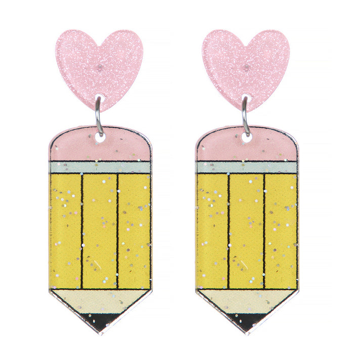 Wholesale Teacher' s Day Pencils,  Apples,  Books,  Cartoon Contrasting Letters Earrings,  Small Fresh Stylish