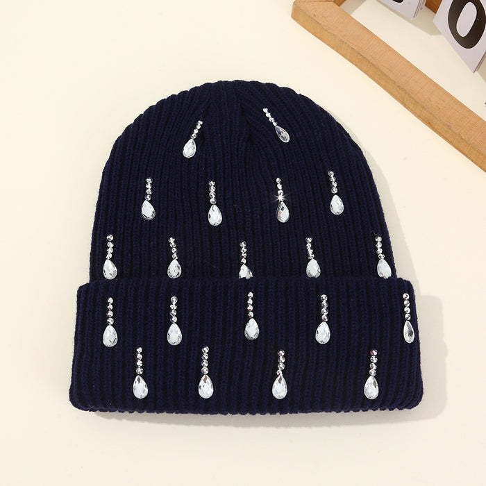 Wholesale Pearl sparkling diamond knitted hat,  double-layer outdoor warm woolen hat