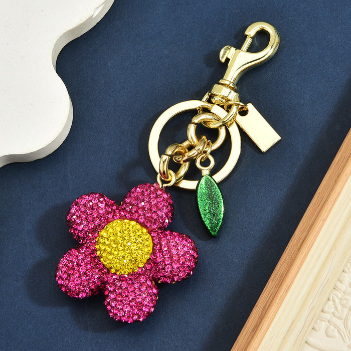 Wholesale Metal Full Diamond Sunflower Flower Bag Charm Keychain Pendant Trendy Jewelry Accessory