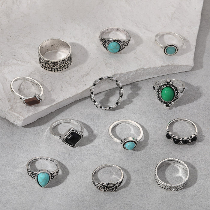 Wholesale retro rose turquoise 12 pieces set ring