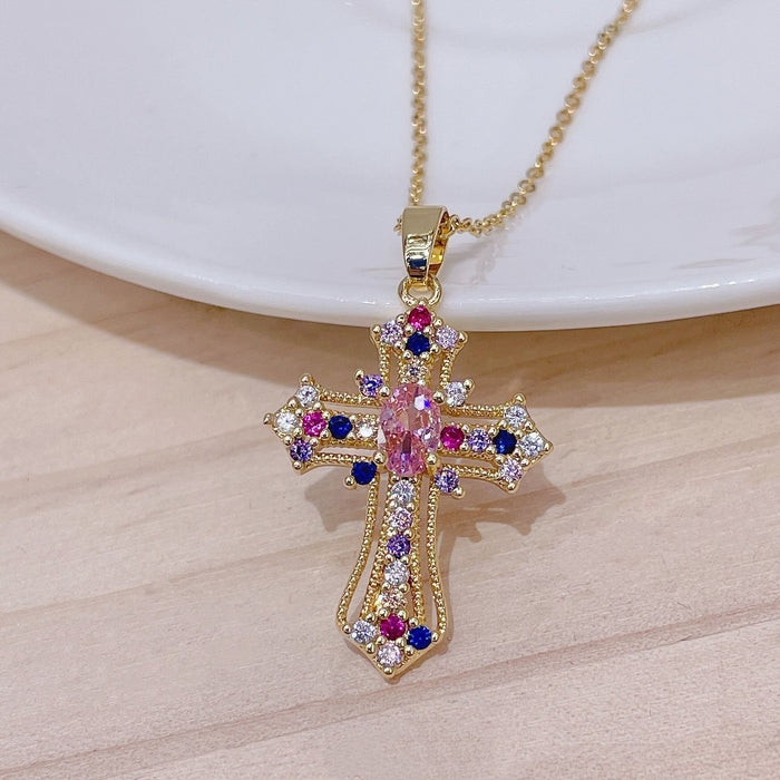 Wholesale Copper Inlaid Zircon Cross Pendant Necklace JDC-NE-ShangY035