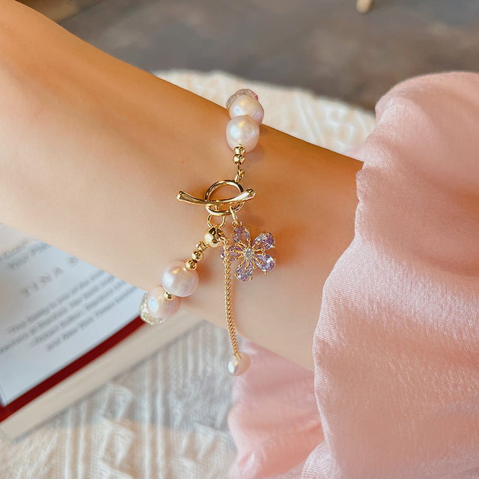 Wholesale Pearl bracelet for girls, light luxury, high-end feeling, zircon flower crystal bracelet