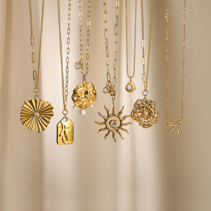 Wholesale Sunflower Pendant Necklace Imitation Pearl Shell Stainless Steel Clavicle Chain