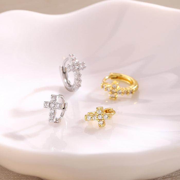 Wholesale Sparkling Diamond Cross Ear Buckle Earring Cross shaped Design Geometric Zircon Earrings