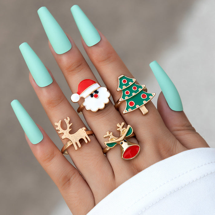Wholesale Alloy Drip Oil Christmas Ring Set 4-Piece Geometry Snowflake Design Fashion Jewelry Accessory MOQ≥2