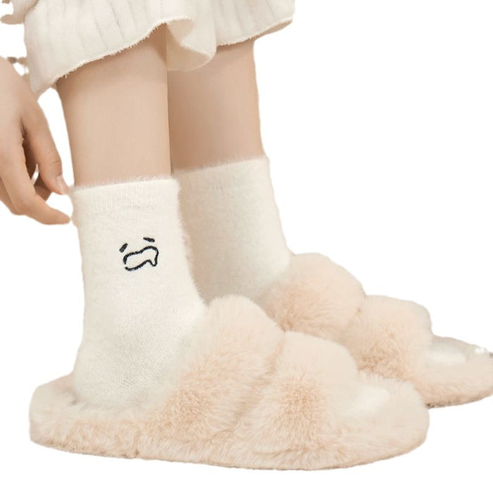 Wholesale Mink Fur Cute Casual Winter Socks for Children Autumn with Thick Fur for Warmth White Furry Embroidery Expression JDC-SK-JiaMu010