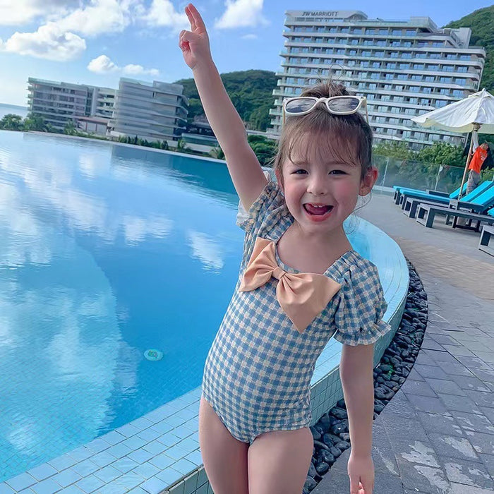 Wholesale Children's one-piece swimsuit bow checkered swimsuit cross elastic bubble sleeve swimsuit