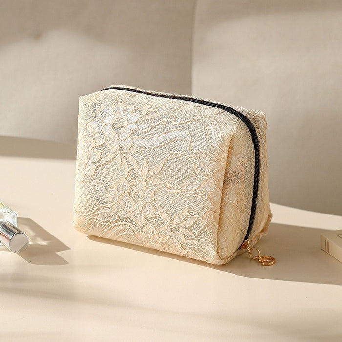 Wholesale Fashion Lace Makeup Bag Small Travel Cosmetic Pouch Beige Nylon Boutique Resale