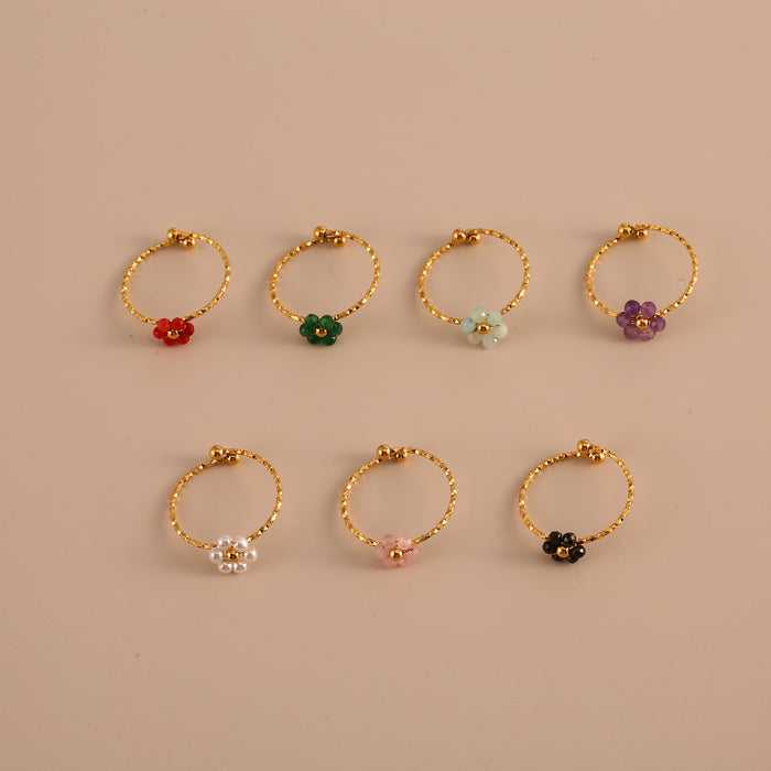 Wholesale Fashionable and minimalist stainless steel cut surface natural stone flower ring, personalized and versatile, multi-color adjustable ring