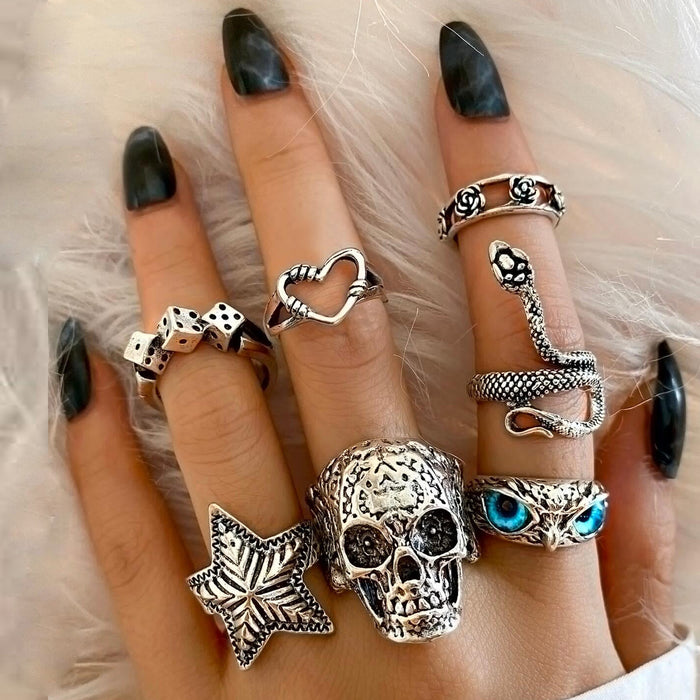 Wholesale  snake skull owl animal ring combination 7-piece