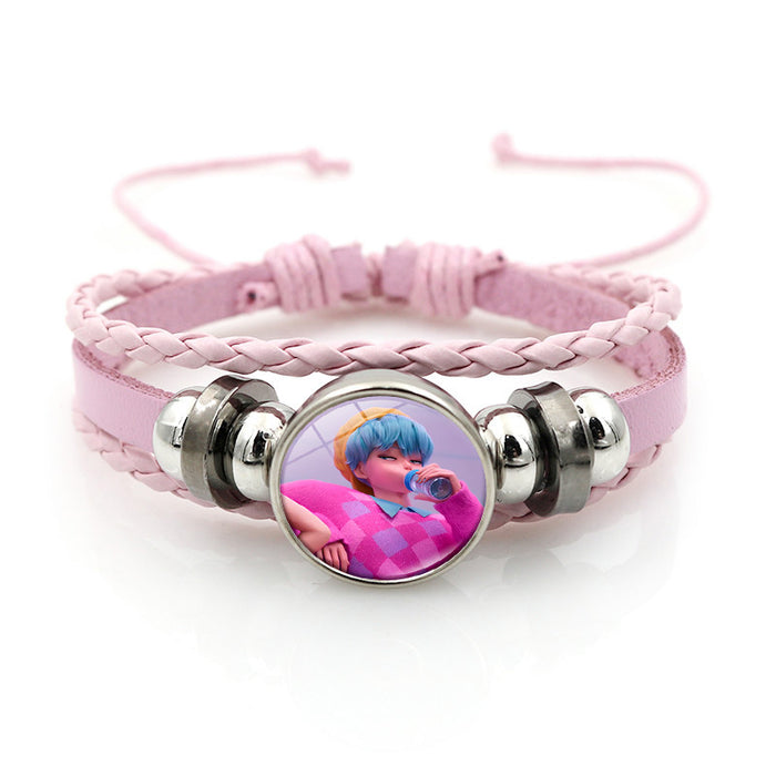 Wholesale Kpop Leather bracelet unisex pink multi-layer braided beaded hand jewelry anime surrounding