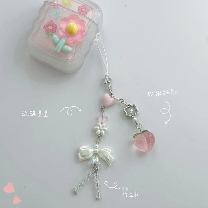 Wholesale Peach Pendant Love Green Leaf Beaded Mobile Phone Chain Pendant Small Fresh Keychain