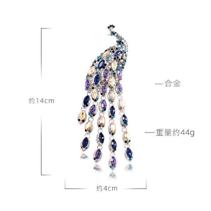 Wholesale Diamond-encrusted Retro large long-tail crystal peacock tassel brooch sweater jewelry