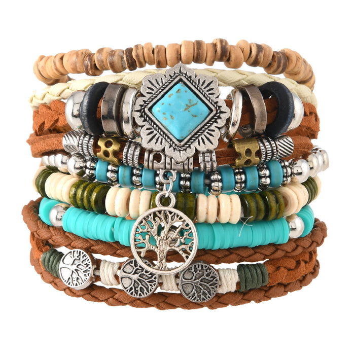 Wholesale Women's Multi layer Beaded Turquoise 6-piece Bracelet New Fashionable Retro Life Tree Jewelry