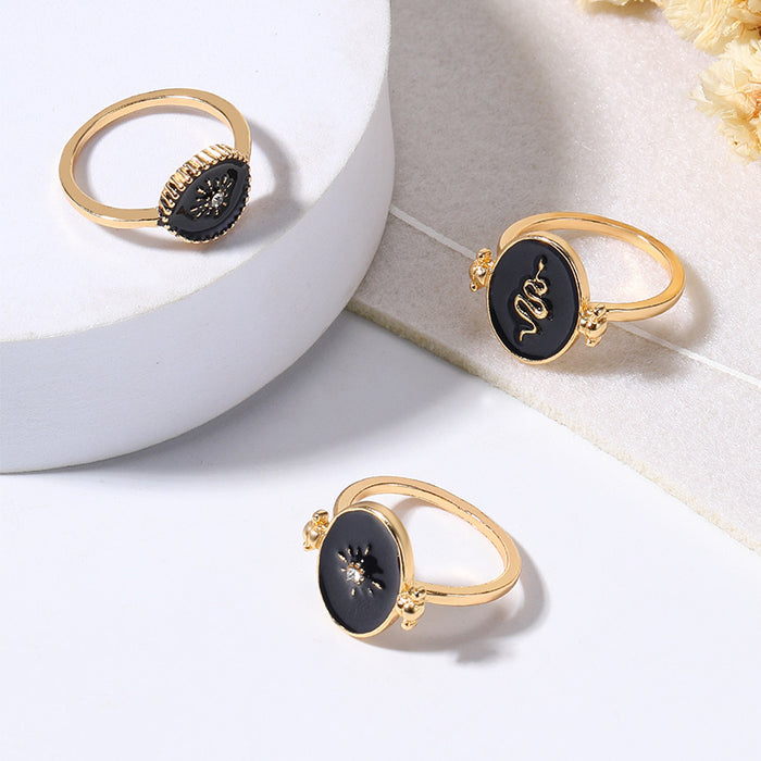 Wholesale Retro minimalist jewelry disc set with diamond studded starry sun overlay ring, snake shaped electroplated women's ring set
