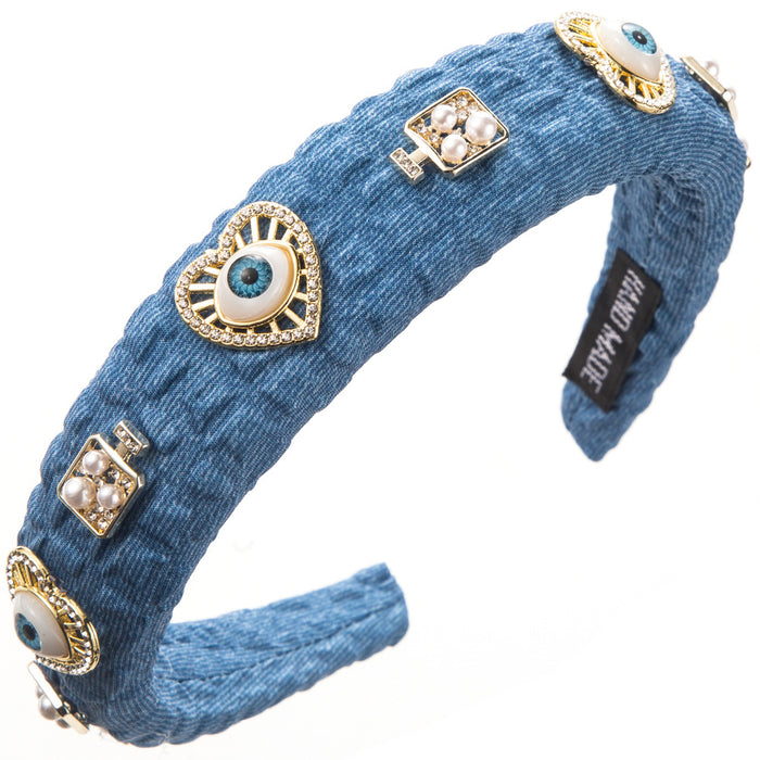 Wholesale Retro denim fabric alloy heart-shaped pearl-encrusted evil eye headband