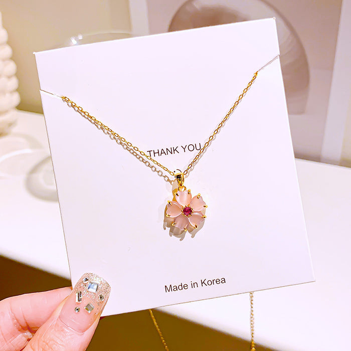 Wholesale pink cherry blossom pendant titanium steel necklace female