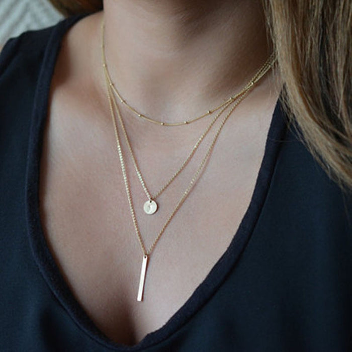 Wholesale Bohemian Multi layer Necklace Personalized Multi layer Small Hard Bar Pendant Collarbone Chain Stacked Wearing