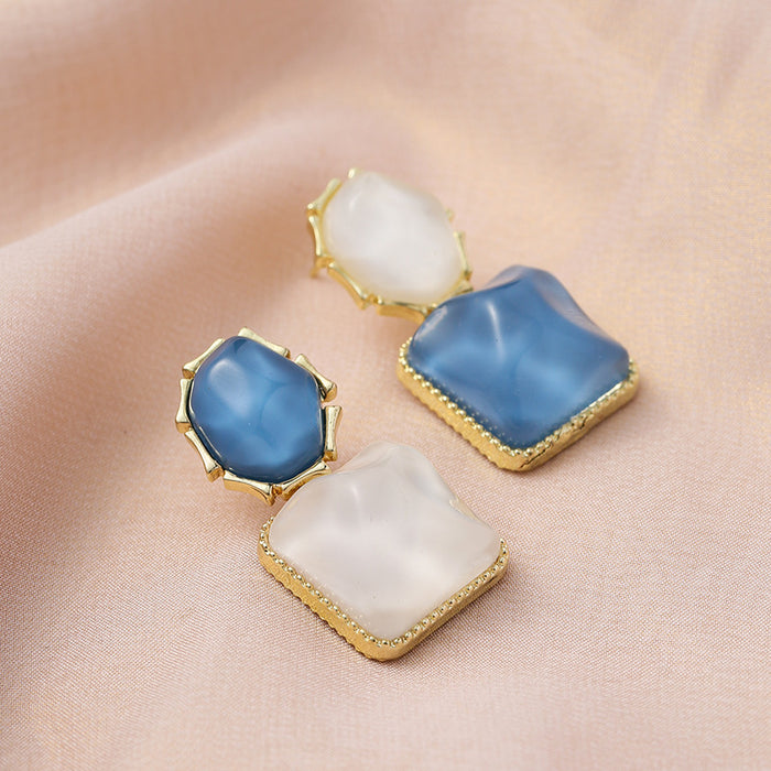 Wholesale Color blocking water ripple retro geometric square unique light luxury design earrings