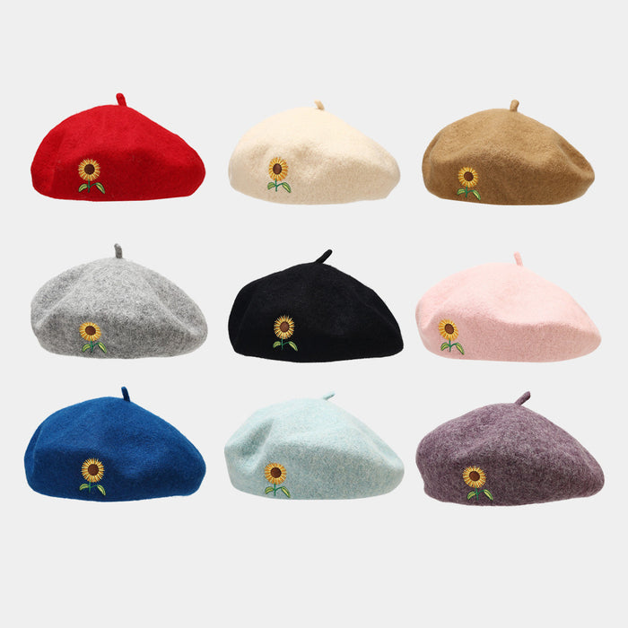 Wholesale Artistic and retro sunflower embroidered beret fashionhat