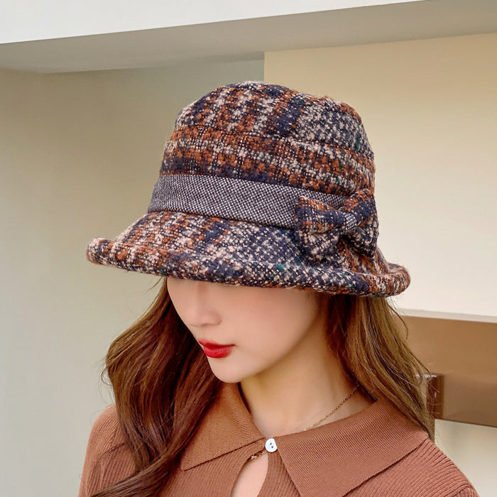 Wholesale Hats for Women Plaid Wool Warm Fisherman Hat Autumn and Winter Round Top Fashion Bow Basin Hat Korean Style Roll Brim Small Hat JDC-FH-DG003