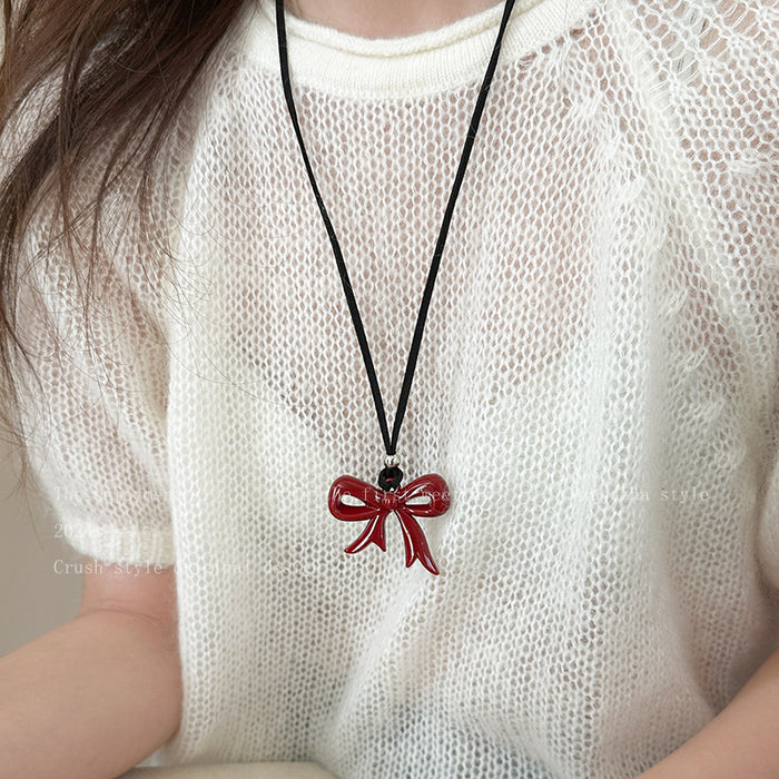 Wholesale Bow necklace, new minimalist style sweatshirt chain, niche and versatile black leather rope accessory