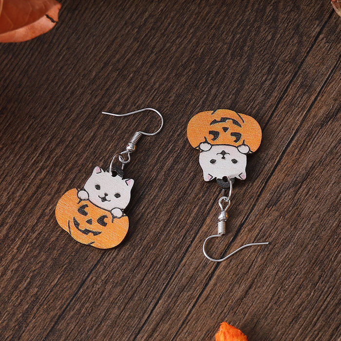 Wholesale  Cute Cat  Pumpkin Funny Pendant Earrings Wooden Gothic Style Double-sided Earrings