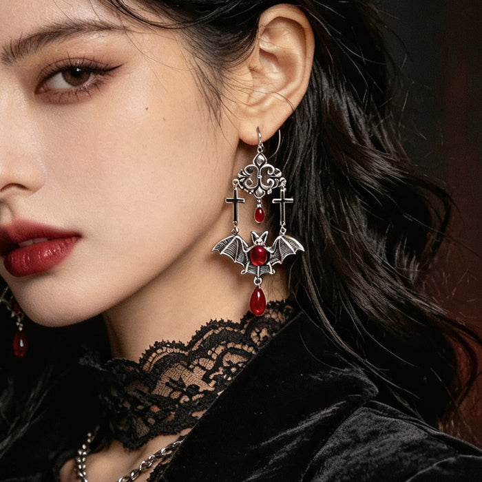 Wholesale Gothic Bat Cross Drop Earrings Red Teardrop Beads Vampire Vintage Jewelry Accessory Party Gift